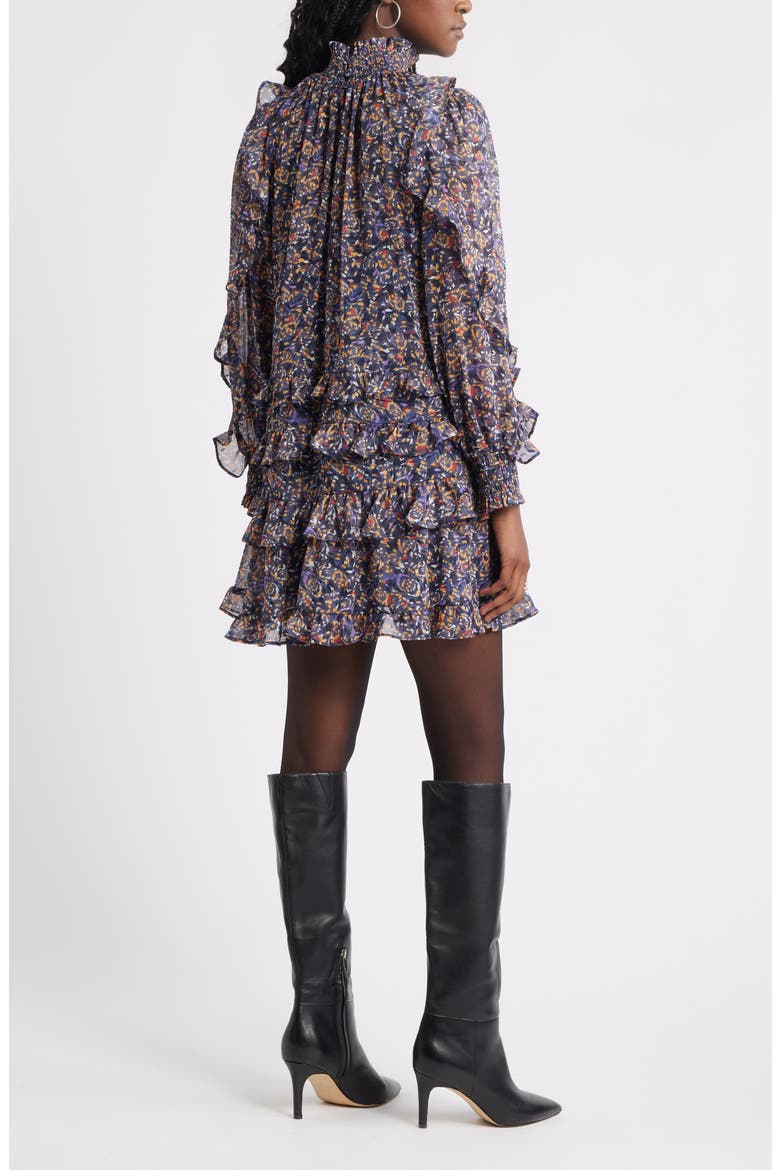 Metallic Mock Neck Long Sleeve Chiffon Minidress, Alternate, color, NAVY BUTTERFLY ABSTRACT