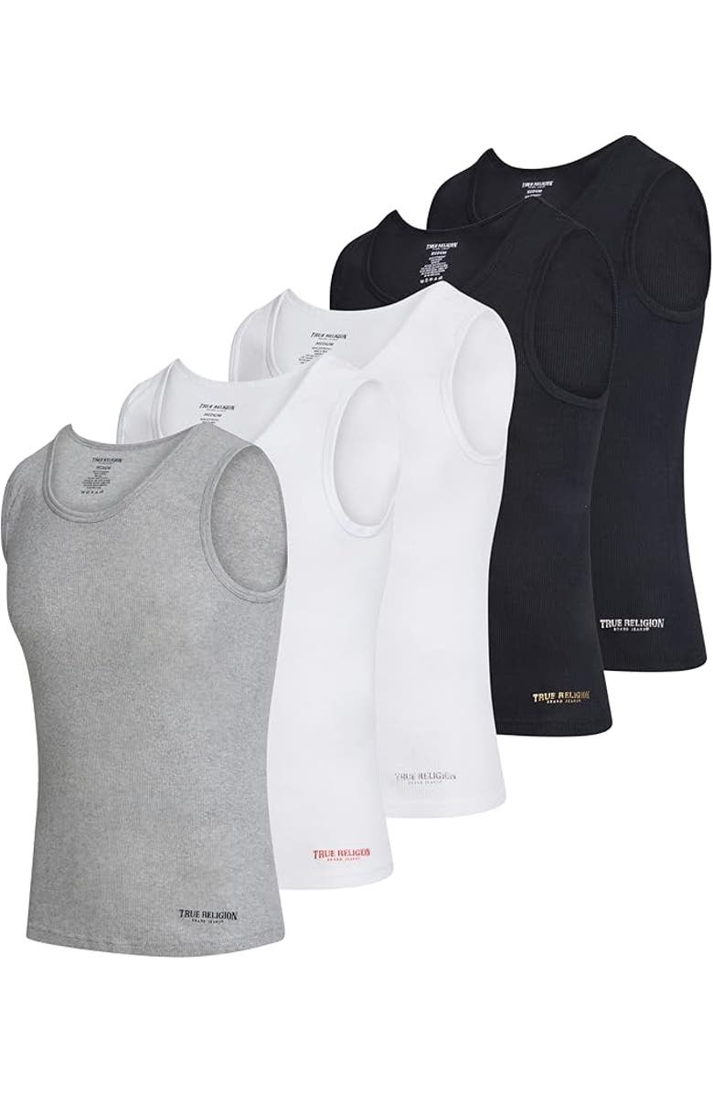 True Religion Ribbed Cotton Tank Top Pack of 5, Main, color, White/Grey/Black