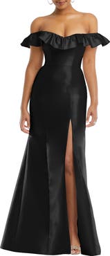 Alfred Sung Off the Shoulder Ruffle Satin Trumpet Gown