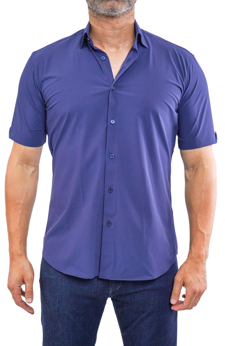 Maceoo Galileo Navy Stretchcore Short Sleeve Cotton Blend Button-Up Shirt, Main, color, 