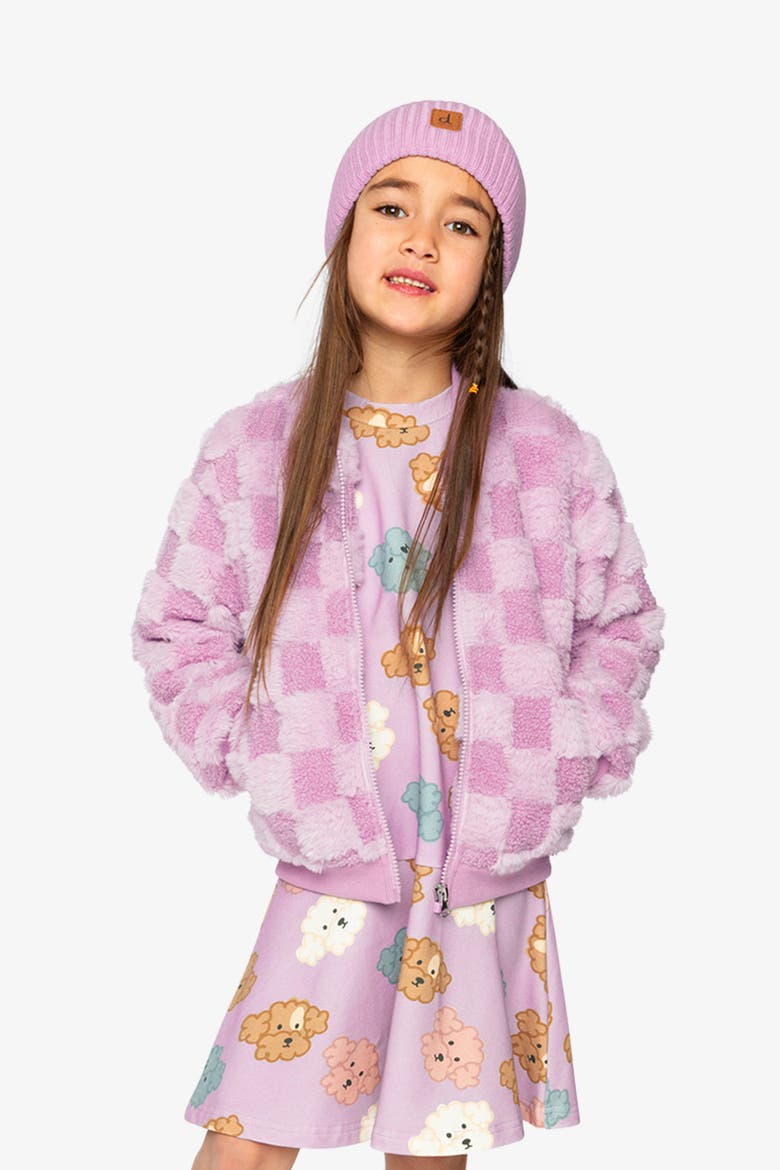 Faux Fur Jacquard Checkerboard Front Pocket Bomber Jacket, Alternate, color, Violet
