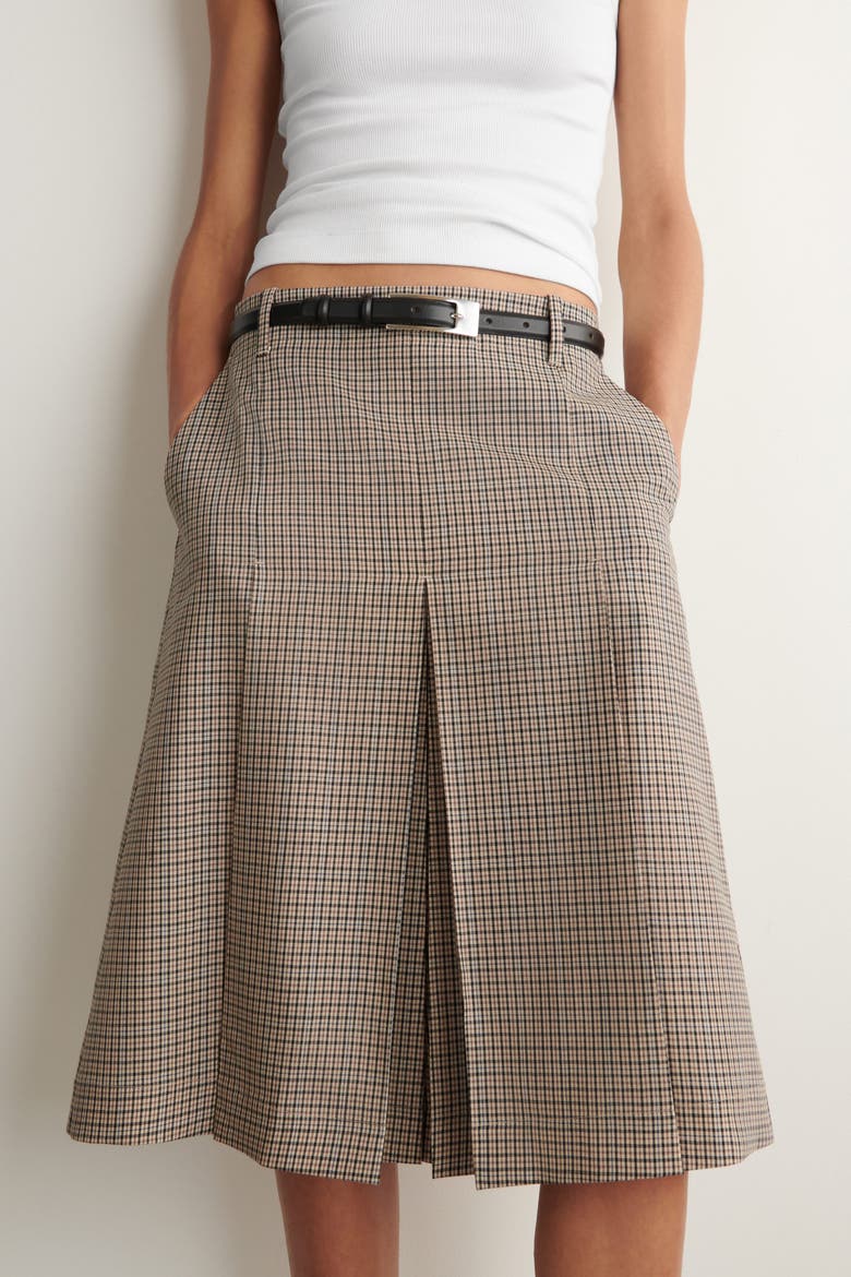 Box-pleat Checked Wool Midi Skirt, Alternate, color, BEIGE / CHECKED