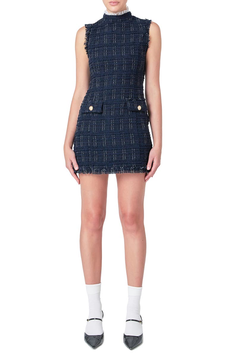 Endless Rose Lace Sleeveless Tweed Minidress, Main, color, Navy