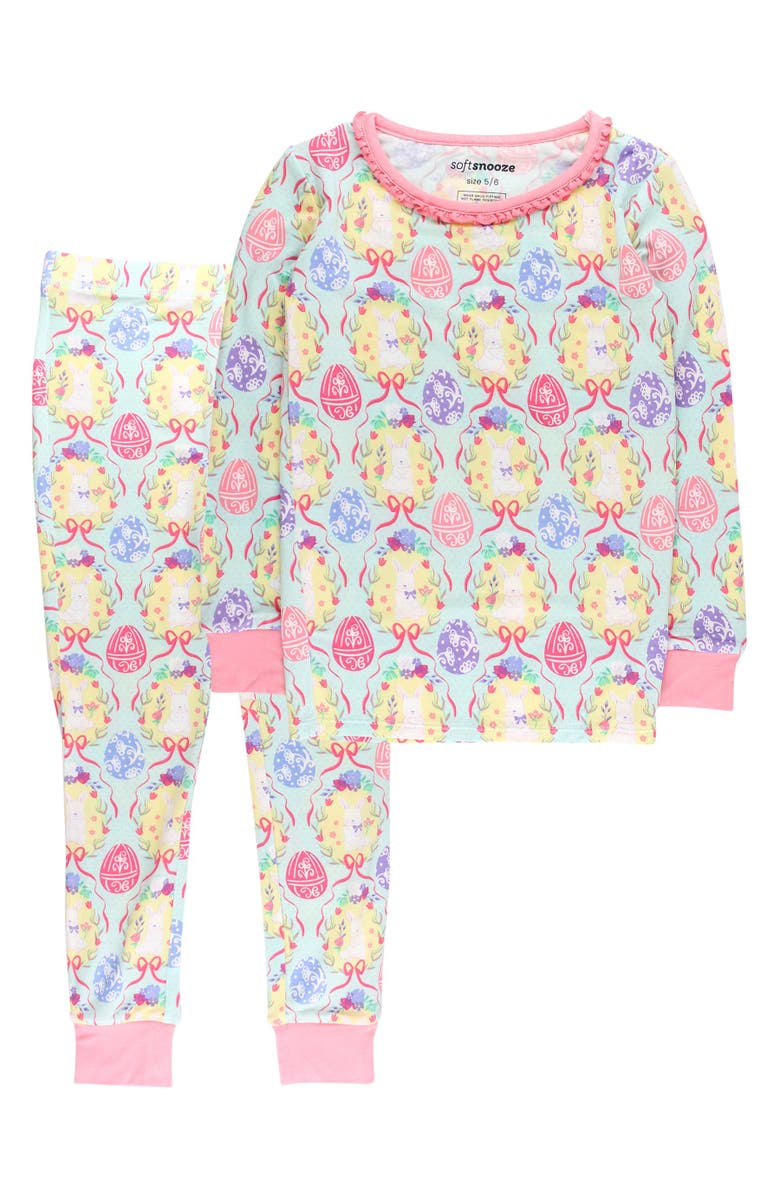 RuffleButts Girls SoftSnooze Ruffle Long Sleeve Pajama Set, Main, color, Bunnies In Bloom