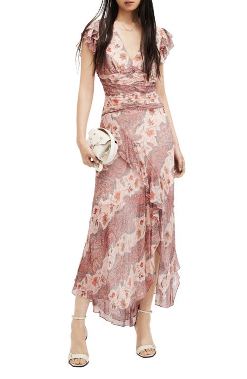 Allsaints Brea Floral Print Cascade Maxi Dress In Clay Pink