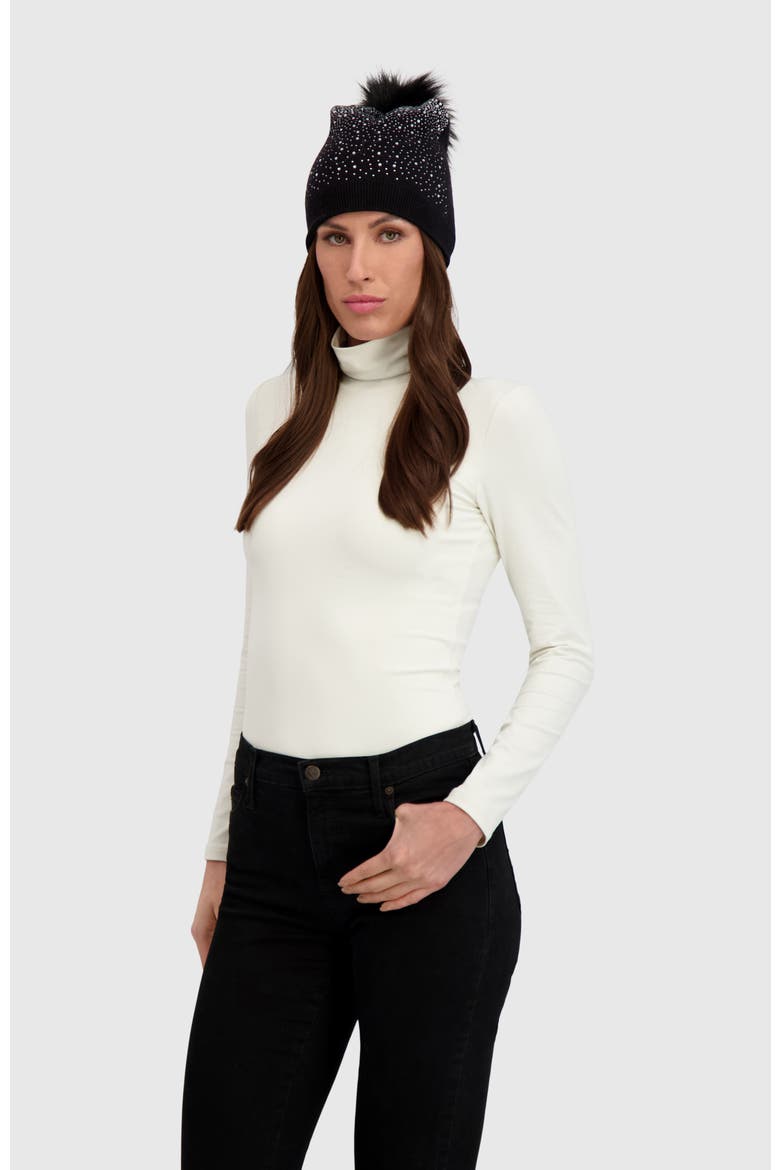 Knit Beanie Hat With Fur-Free Fox (Faux Fur) Pompom, Main, color, BLACK/BLACK