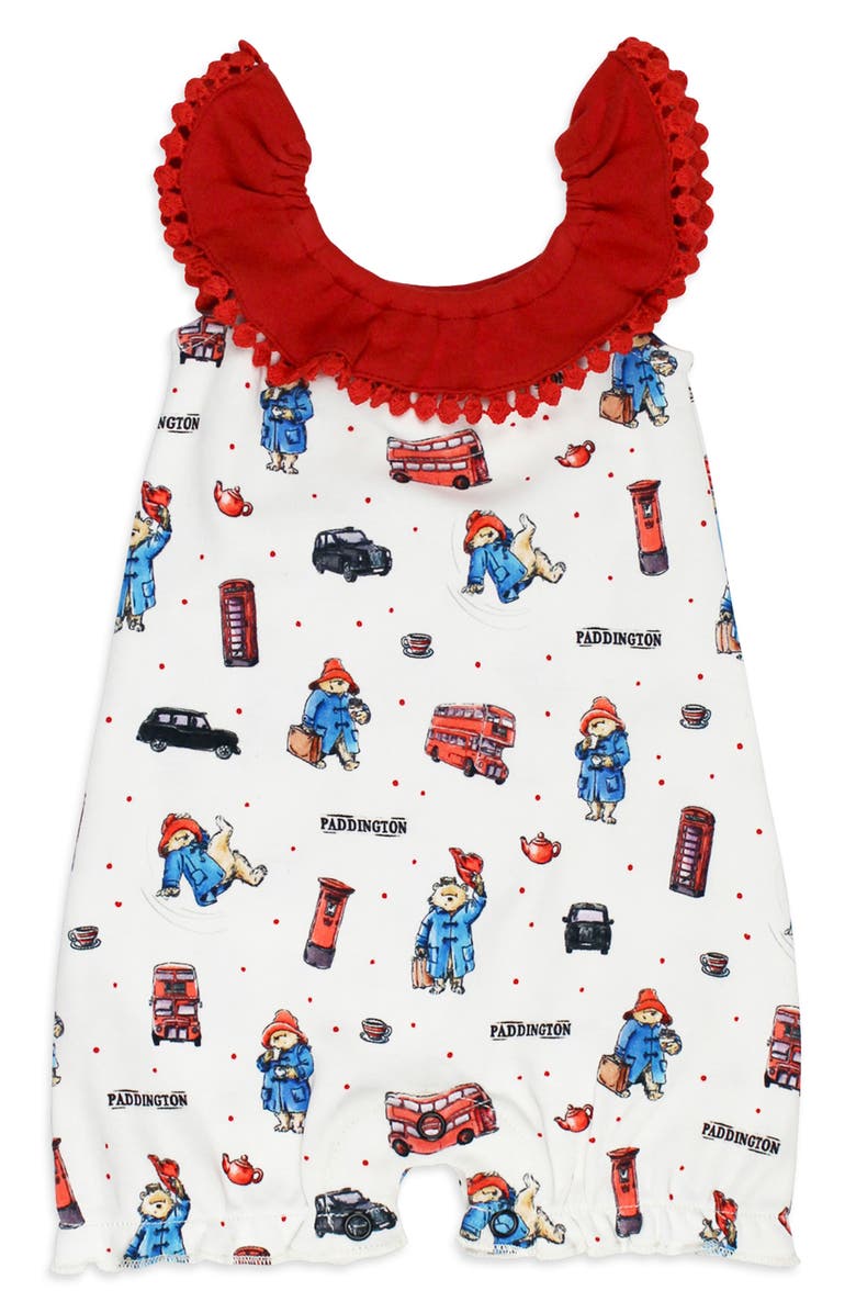 L'ovedbaby x Paddington Bear<sup>™</sup> Ruffle Organic Cotton Bubble Romper, Main, color, 