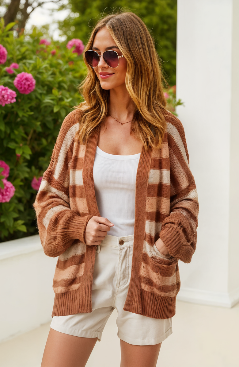 Knit and Lounge Striped Open-Front Cardigan with Ribbed Cuffs and Relaxed Fit, Alternate, color,