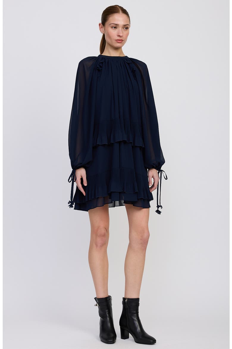 Nicolette Tiered Ruffle Long Sleeve Trapeze Dress, Alternate, color, NAVY
