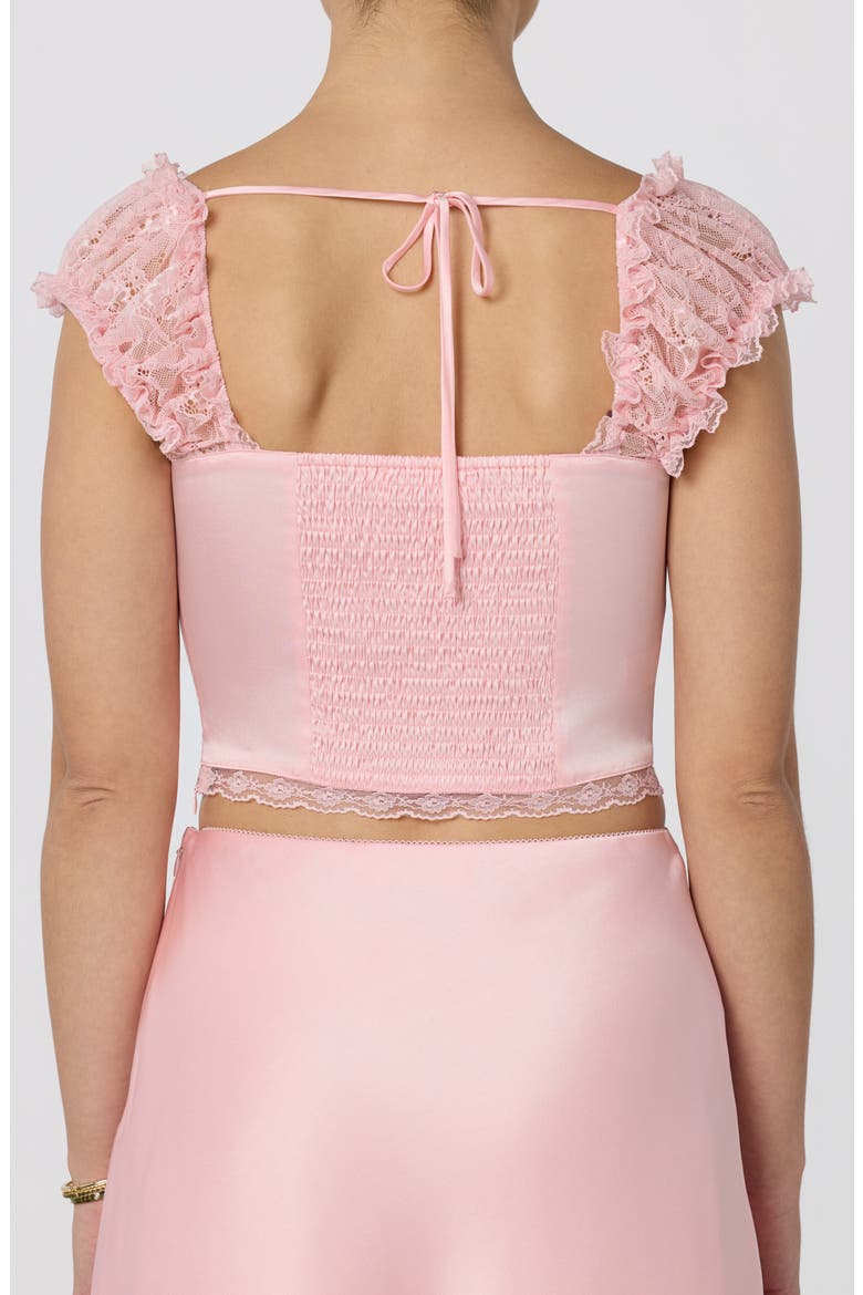Elliana Lace Trim Satin Button-Up Crop Top, Alternate, color, PINK