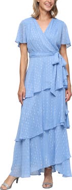 SL FASHIONS Metallic Print Tiered Chiffon Gown