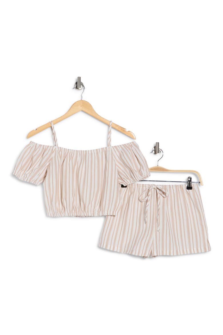 Stripe Puff Sleeve Cold Shoulder Crop Top & Shorts Set, Alternate, color, TAUPE IVORY
