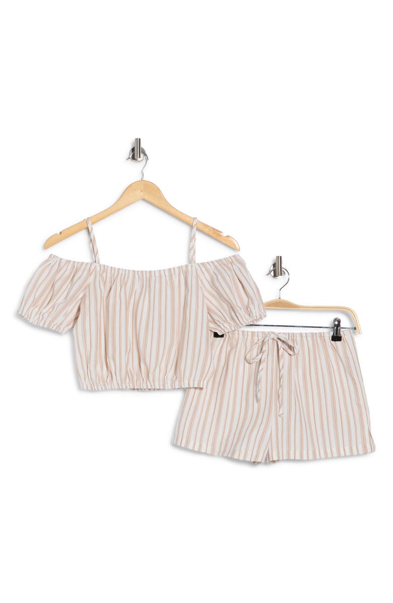 Madden Girl Stripe Puff Sleeve Cold Shoulder Crop Top & Shorts Set, Alternate, color, Taupe Ivory