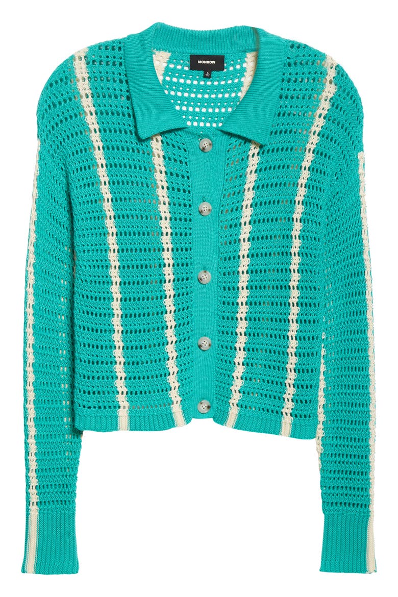Vertical Stripe Organic Cotton Crochet Cardigan, Alternate, color, PEACOCK GREEN/ BUTTERCREAM