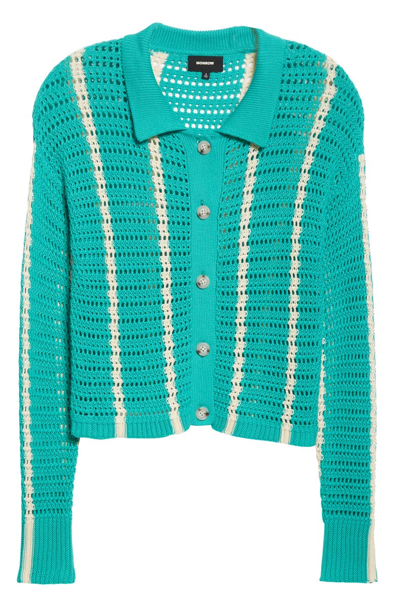 Monrow Vertical Stripe Organic Cotton Crochet Cardigan, Alternate, color, Peacock Green/ Buttercream
