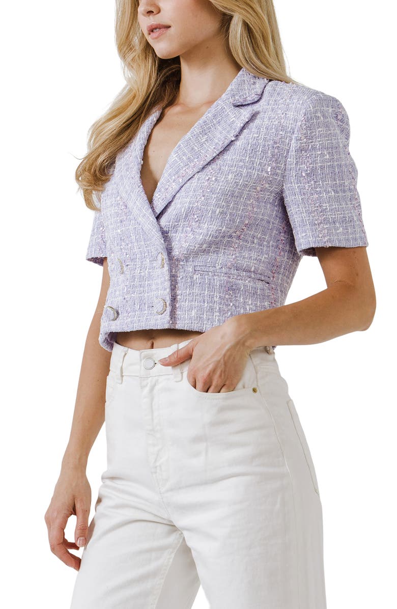 Endless Rose Short Sleeve Crop Tweed Blazer, Alternate, color, Lilac