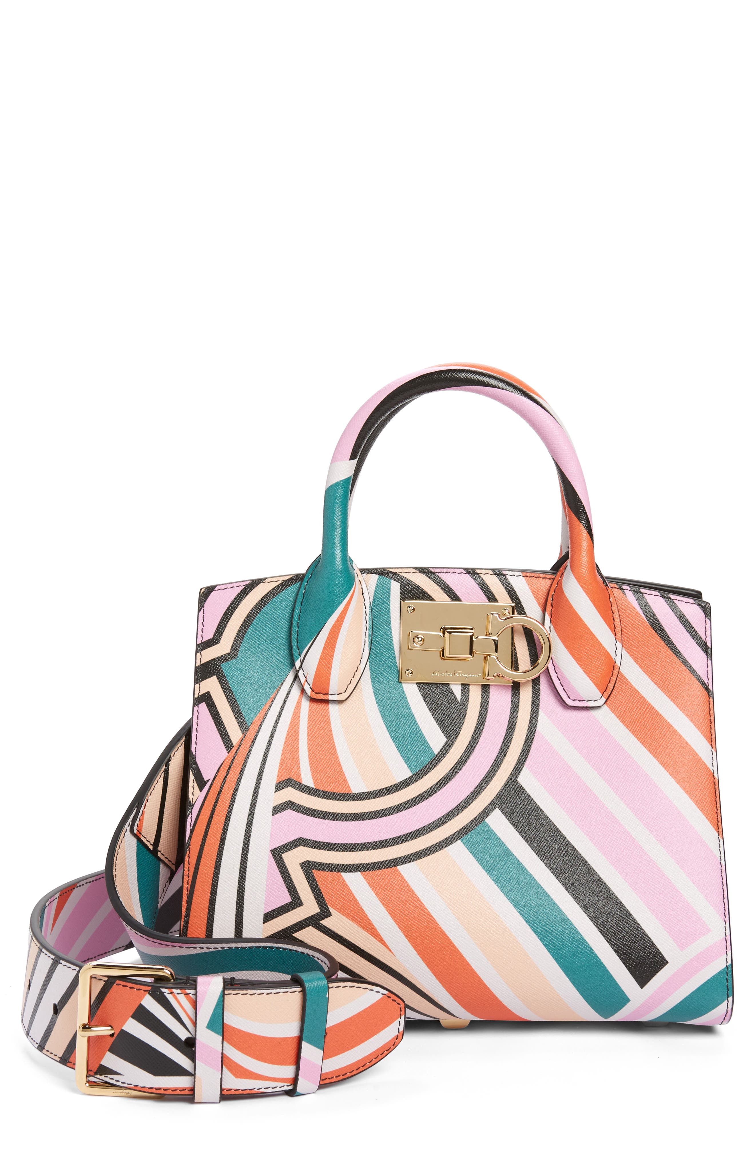 FERRAGAMO The Studio Box Gancio Print Leather Handbag, Main, color, 