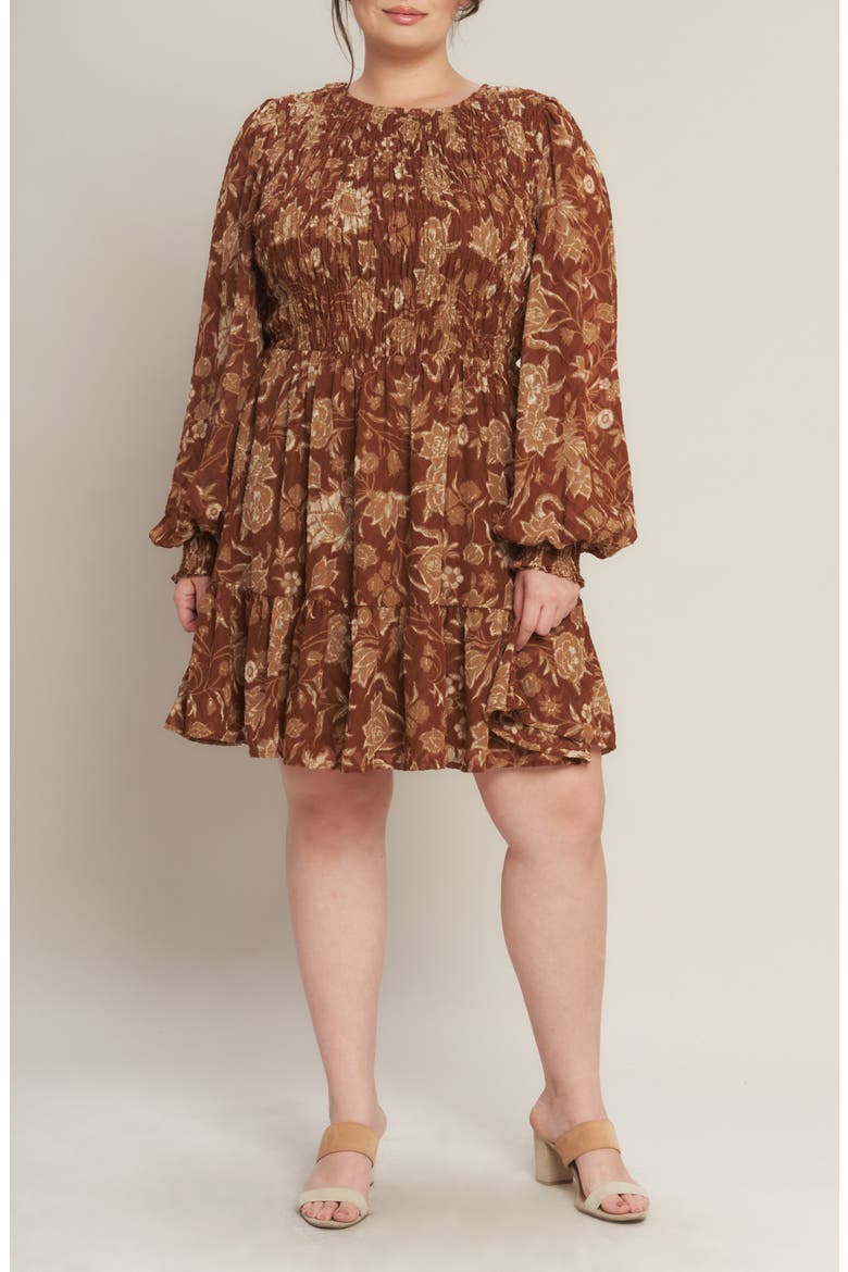 Smocked Long Sleeve Fit & Flare Dress, Alternate, color, BROWN