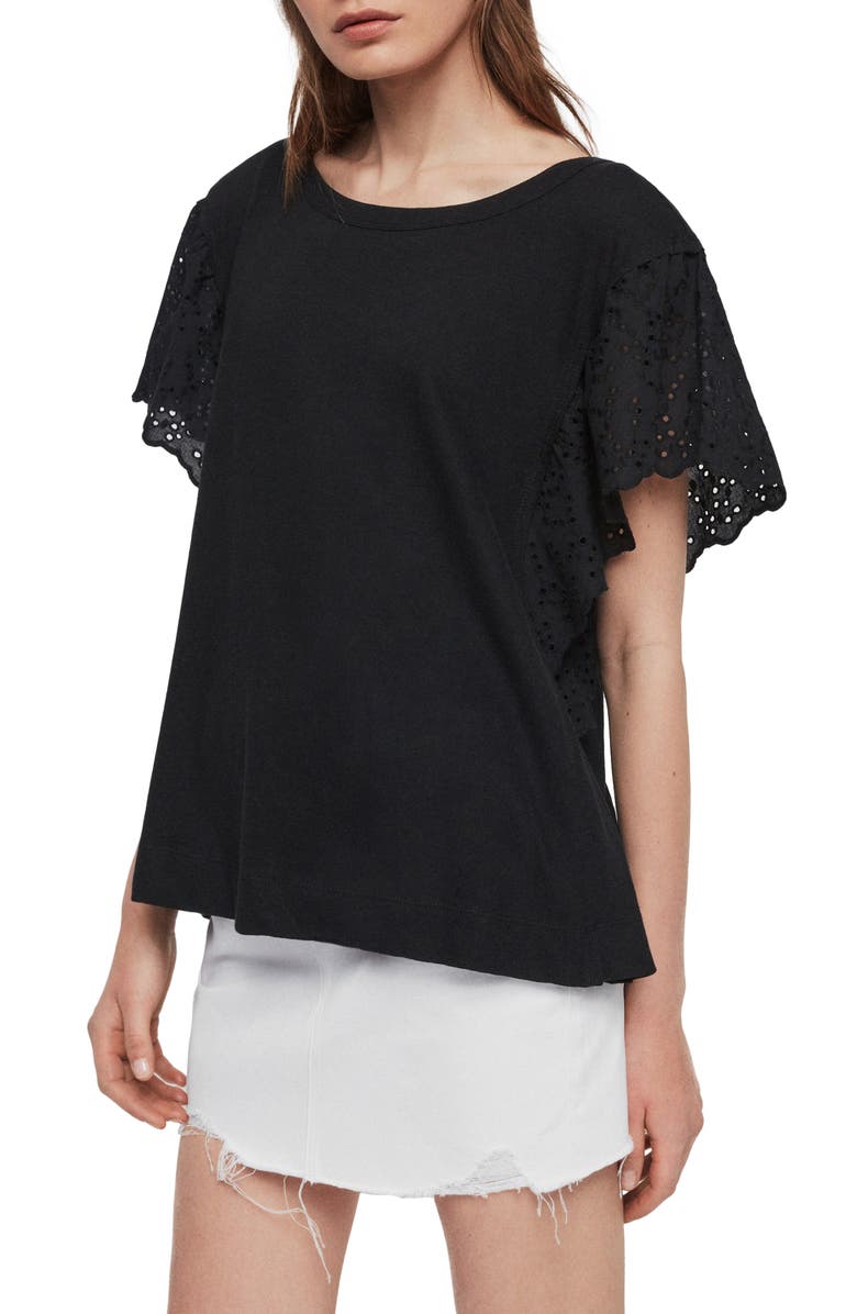 AllSaints Noja Eyelet Flounce Sleeve Cotton & Linen Tee, Alternate, color, 