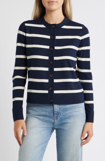 Shop Caslon ® Classic Crewneck Cardigan In Navy- Ivory Renee Stripe