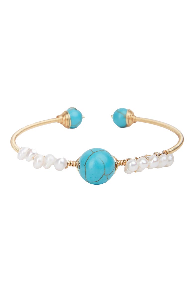 Turquoise & Freshwater Pearl Cuff Bracelet, Main, color, 14K GOLD/ TURQUOISE/ PEARL