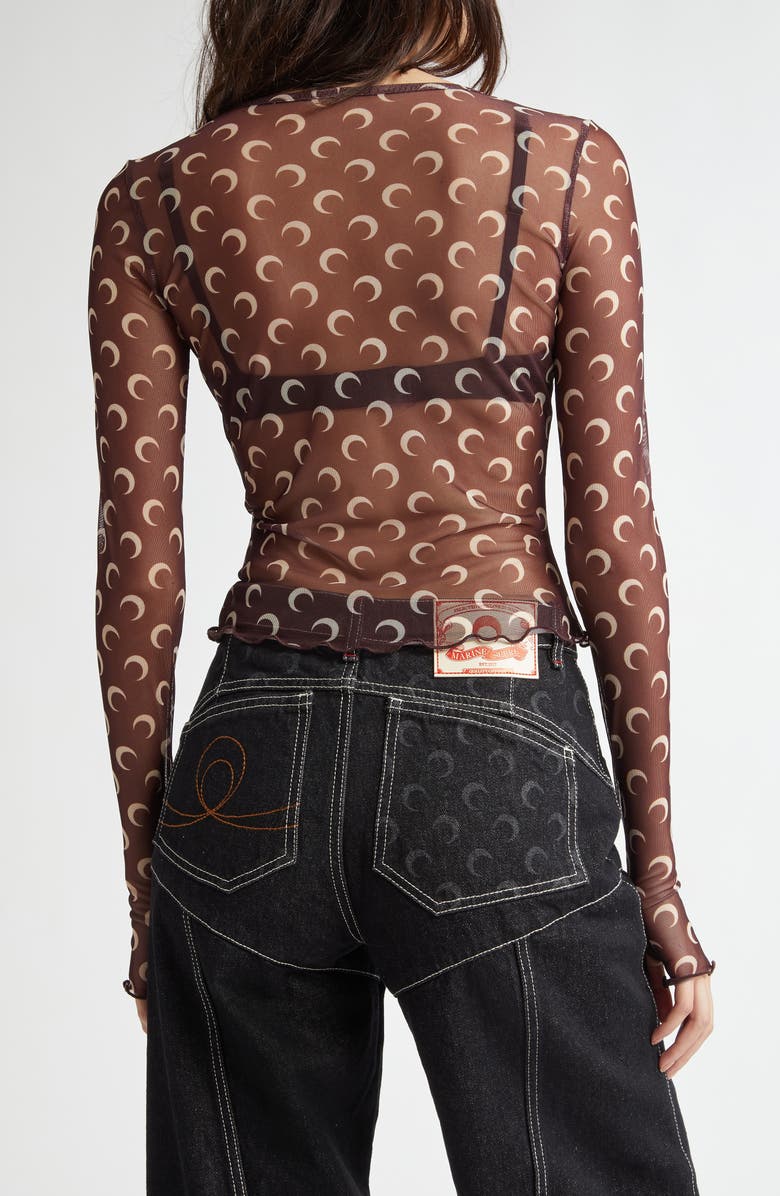 Marine Serre Second Skin Moon Print Long Sleeve Sheer Mesh Crop Top, Alternate, color,