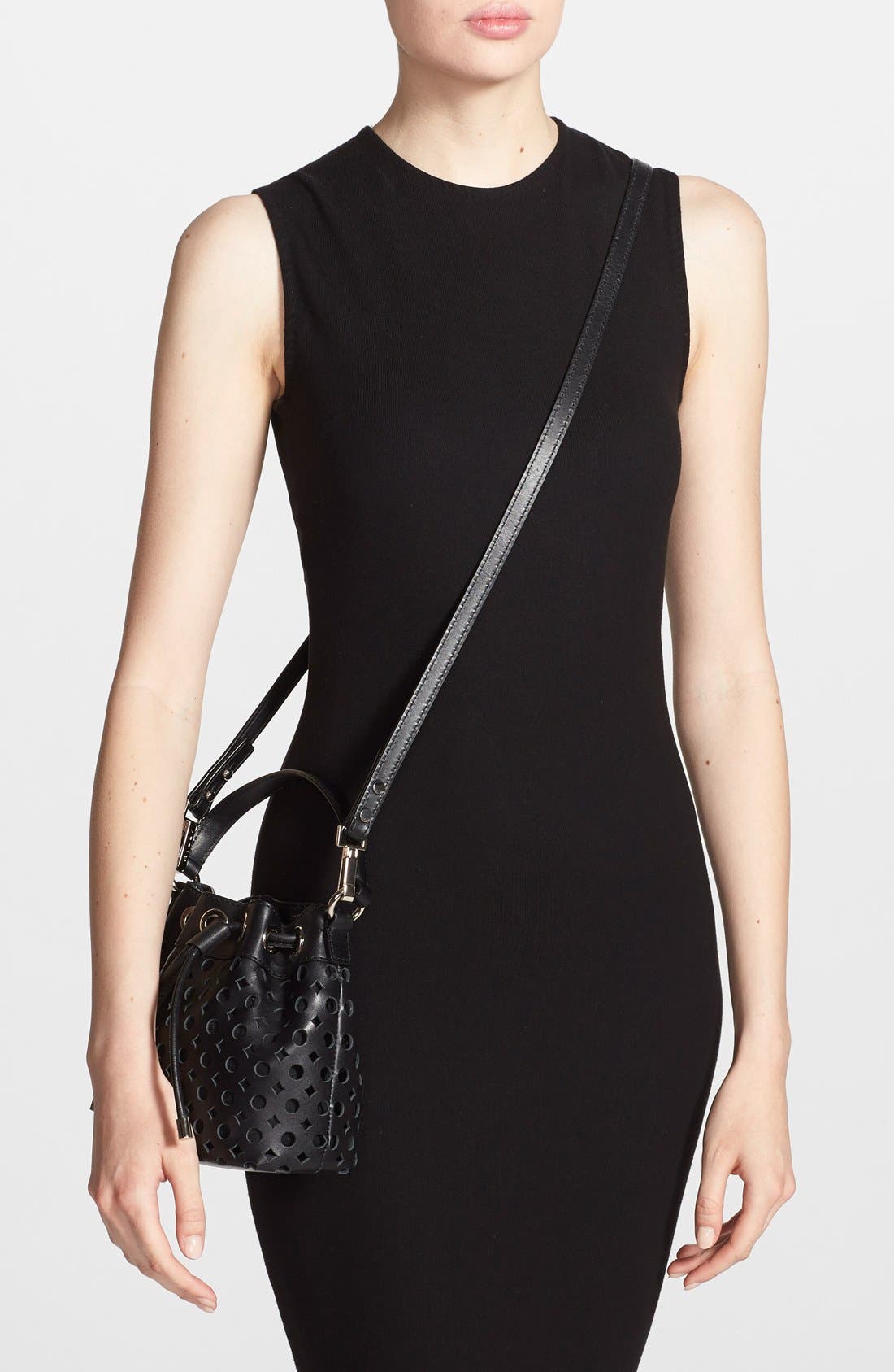 Perforated Leather Bucket Bag, Alternate, color, BLACK