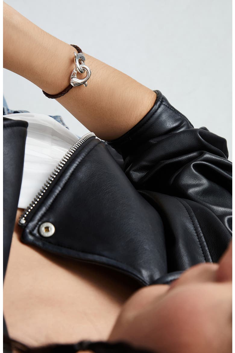 Brown Leather Strap with Interlocking Carabiner Detail, Alternate, color, Silver
