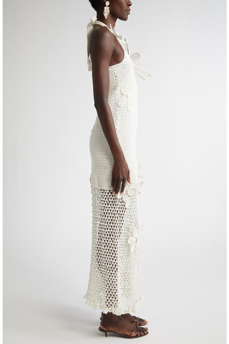 Orchid Motif Halter Neck Crochet Midi Dress, Alternate, color, IVORY