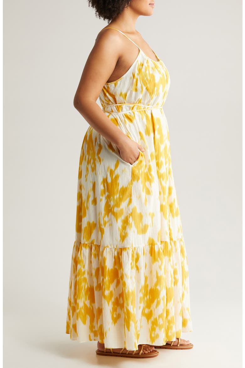 Tie Back Tiered Maxi Dress, Alternate, color, IVORY DOVE- YELLOW LOTUS BLUR