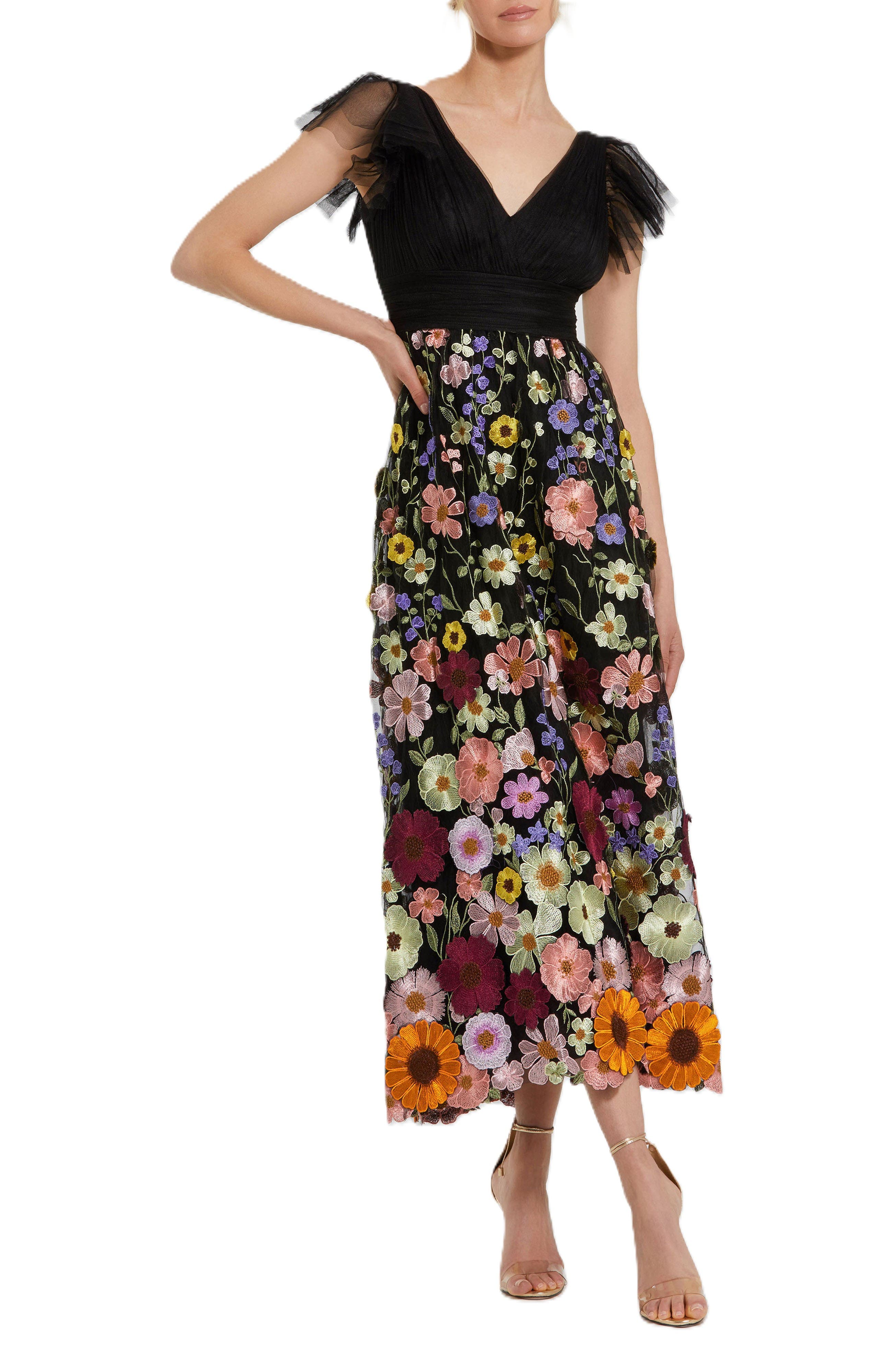 Embroidered Ruched Flutter Sleeve A Line Dress