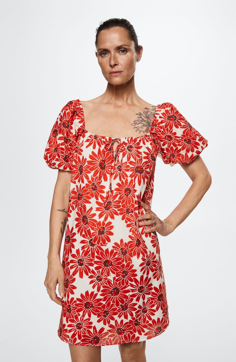 MANGO Floral Puff Sleeve Cotton Shift Dress, Alternate, color, 