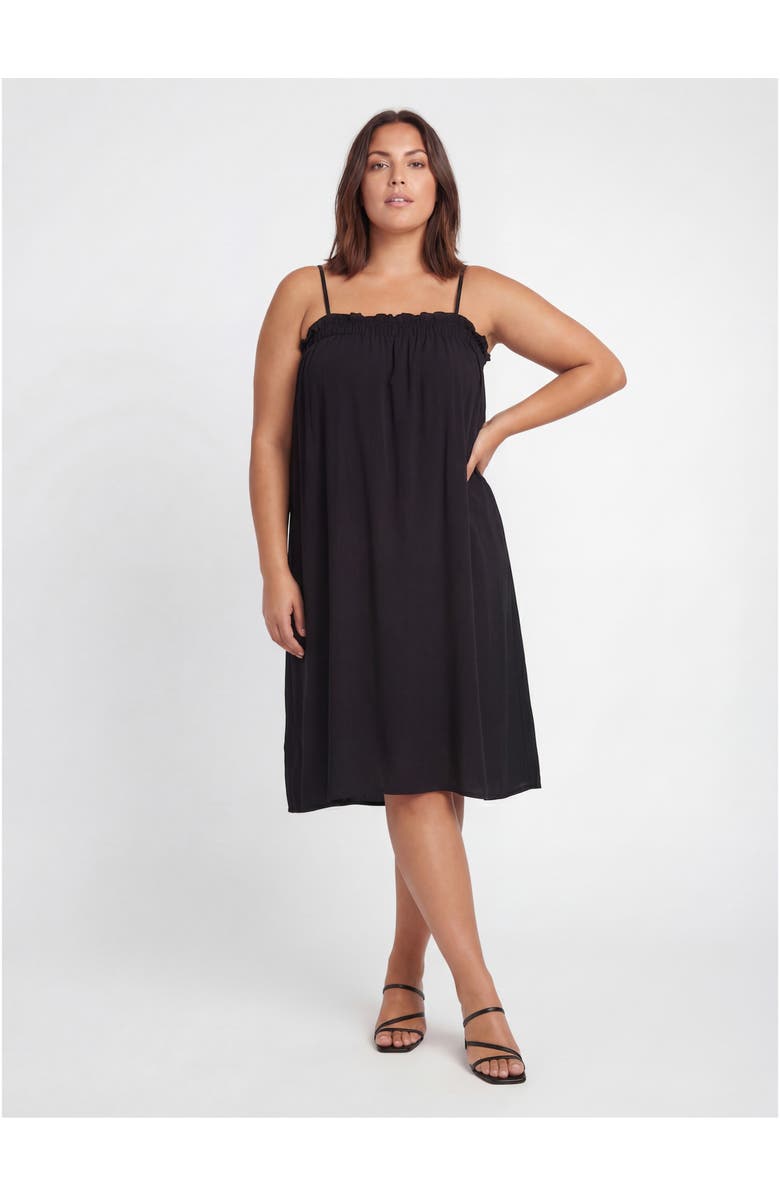 24seven Comfort Apparel Curvy Essential Spaghetti Strap Smocked Pocket A-Line Maxi Dress, Main, color, Black