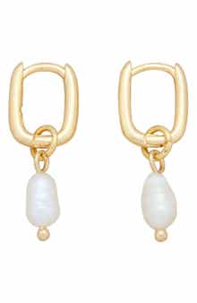 18K Gold Plated Freshwater Pearl Drop Rectangular Hoop Earrings