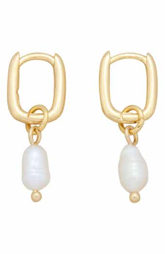 18K Gold Plated Freshwater Pearl Drop Rectangular Hoop Earrings