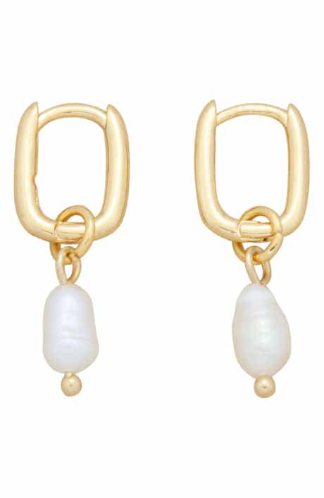18K Gold Plated Freshwater Pearl Drop Rectangular Hoop Earrings