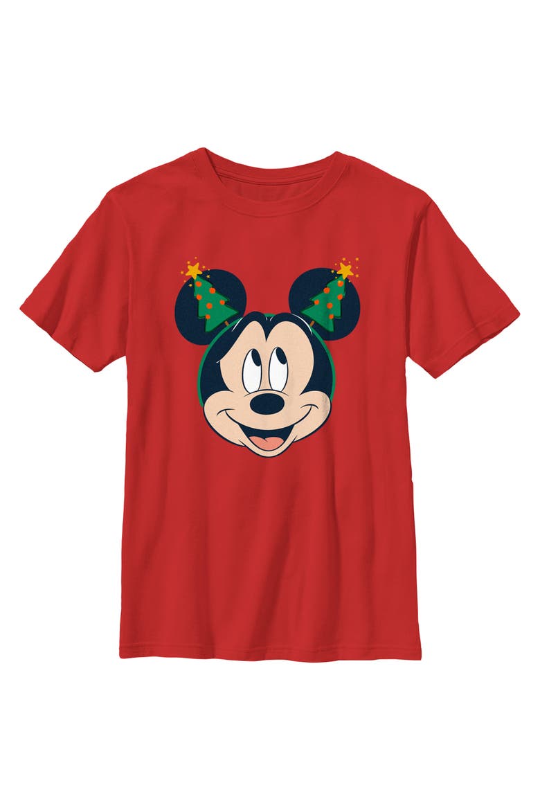 Boy's Mickey & Friends Christmas Tree Ears Graphic Tee, Main, color, Red