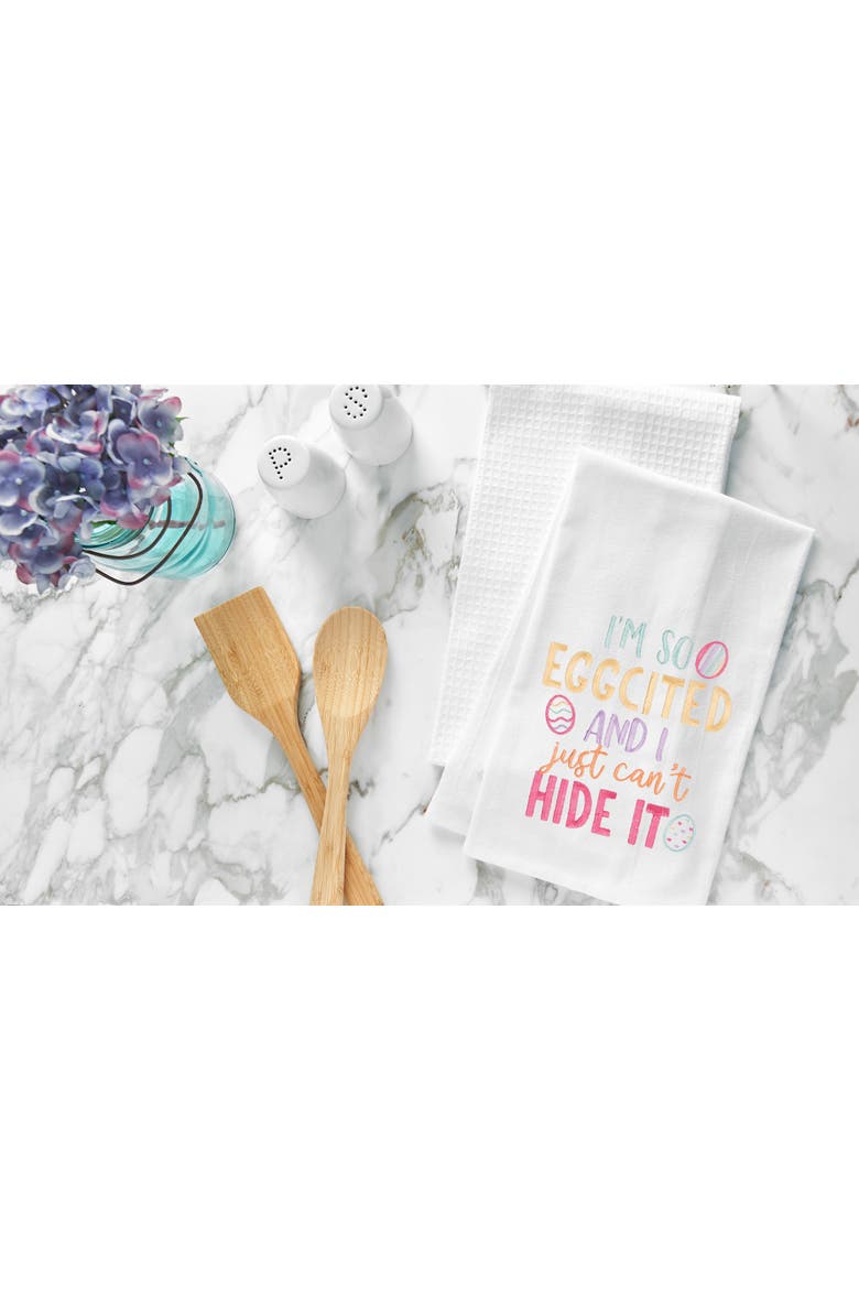 "I'm So Eggcited" Easter Spring Embroidered Cotton Flour Sack Kitchen Dishtowel, Alternate, color, White