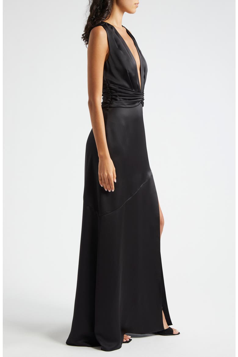 Ameera Plunge Neck Satin Gown, Alternate, color, BLACK