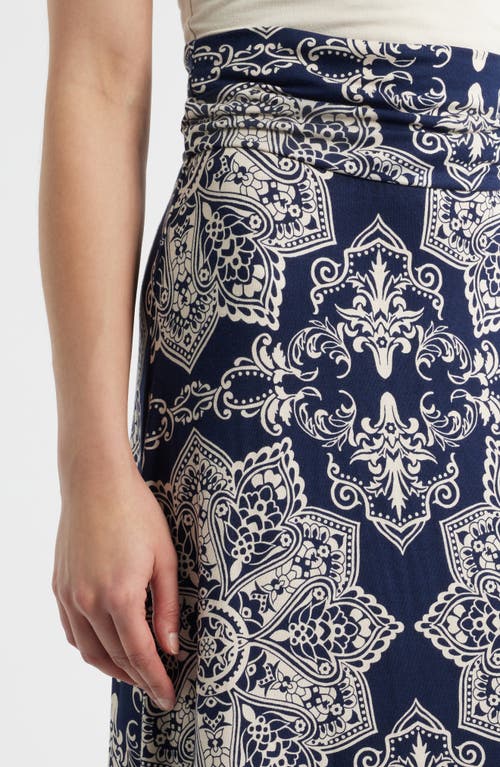 Loveappella Roll Top Print Maxi Skirt In Blue