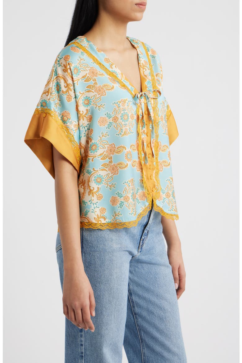 Lace Trim Print Dolman Sleeve Top, Alternate, color, PALE TEAL/ ORANGE MULTI