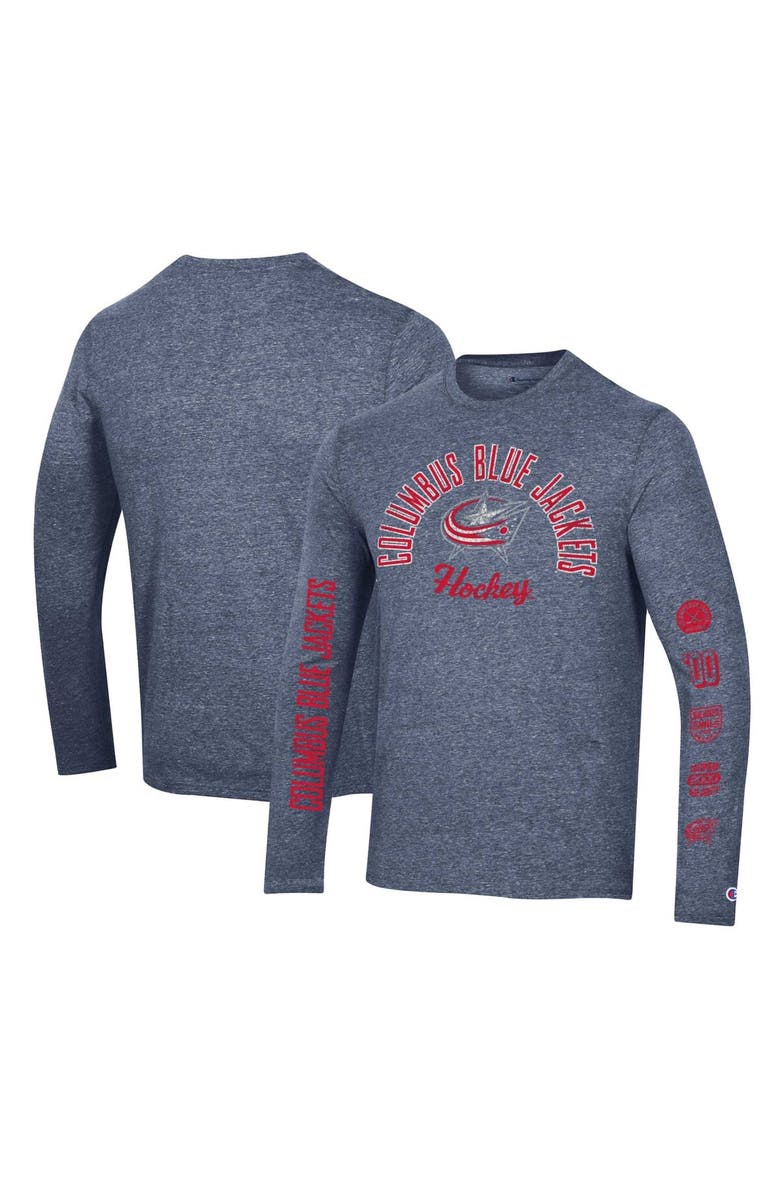 Champion Men's Champion Heather Navy Columbus Blue Jackets Multi-Logo Tri-Blend Long Sleeve T-Shirt, Main, color, 