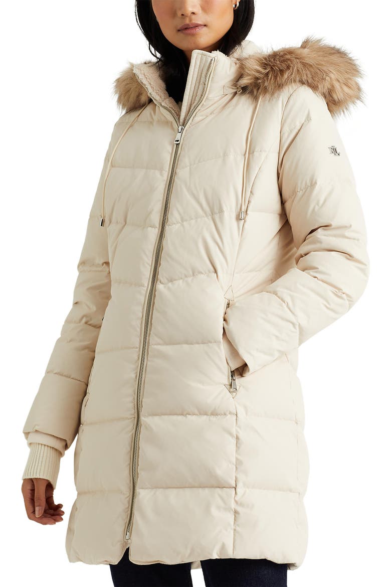 Faux Shearling & Faux Fur Trim Hooded Down Puffer Coat, Main, color, MODA CREAM