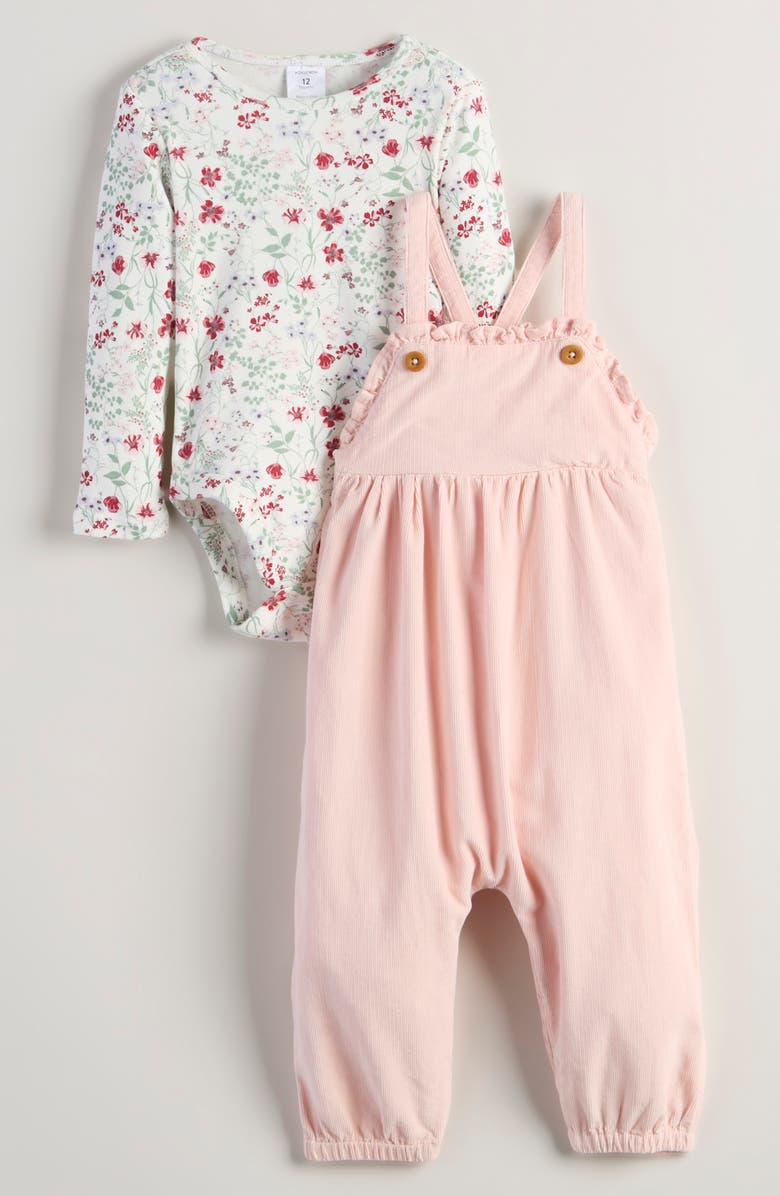 Nordstrom Long Sleeve Cotton Bodysuit & Corduroy Overalls Set, Main, color, Ivory Wildflowers - Pink Lotus
