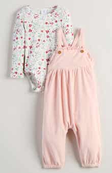 Long Sleeve Cotton Bodysuit & Corduroy Overalls Set