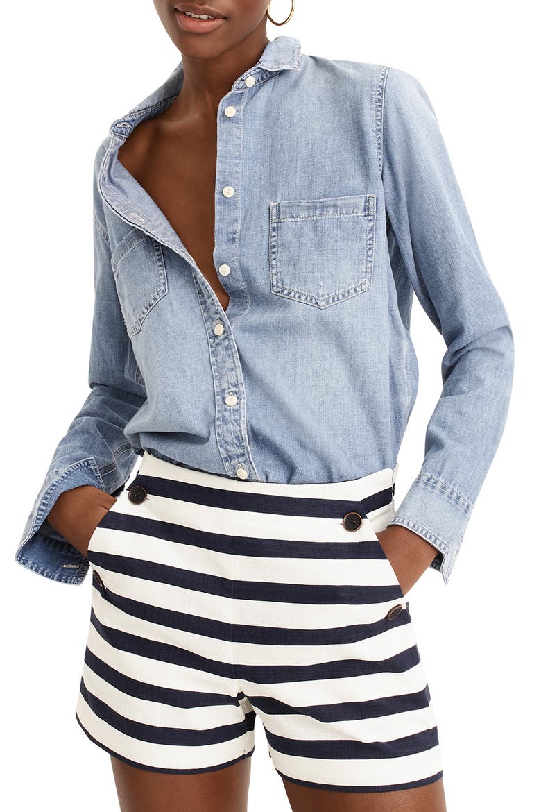 Side Button Stretch Grasscloth Sailor Shorts, Main, color, SAILOR STRIPE NAVY IVORY