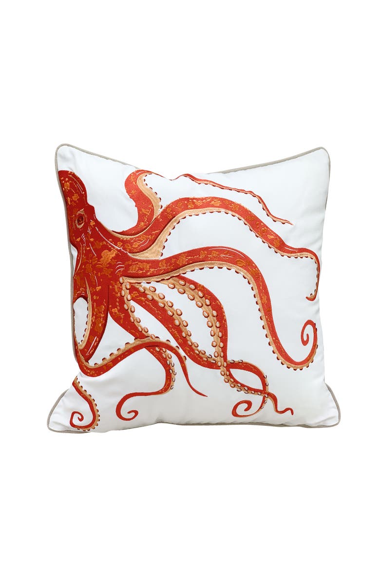 Tropical Punch Coral Octopus Embroidered Indoor/Outdoor Throw Pillow, Main, color, Orange