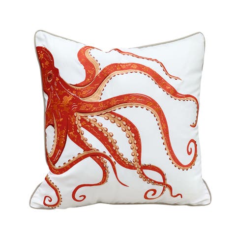 Tropical Punch Coral Octopus Embroidered Indoor/Outdoor Throw Pillow