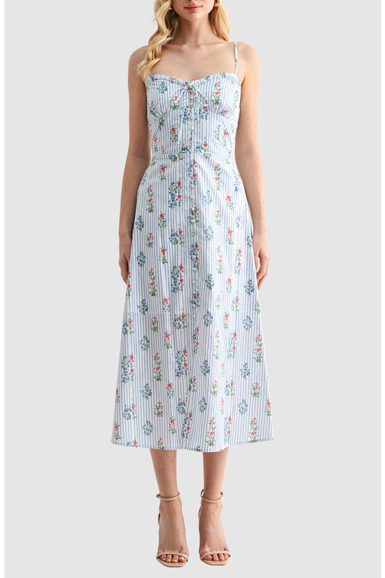 Sweetheart Tie Neck Midi Sundress, Main, color, BLUE STRIPE FLORAL