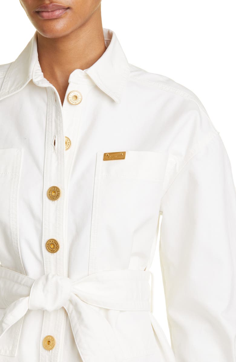 Balmain Belted Cotton Denim Shirt Jacket, Alternate, color,